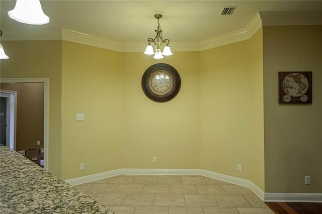 unfurnished dining area featuring crown molding, light tile patterned flooring, and an inviting chandelier