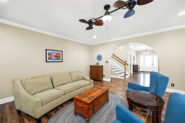 7180 Cannon Ball Cir, Bay Minette, AL 36507 - living area featuring baseboards, a ceiling fan, arched walkways, and wood finished floors