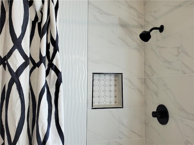 interior details with a shower with shower curtain