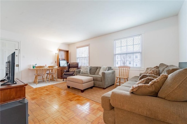 living room with parquet floors