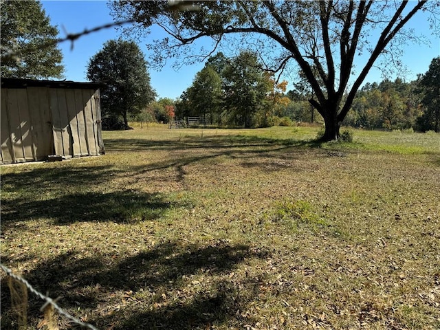 view of yard featuring an outdoor structure and a shed