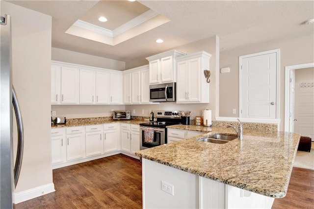 kitchen with kitchen peninsula, a raised ceiling, appliances with stainless steel finishes, and white cabinets