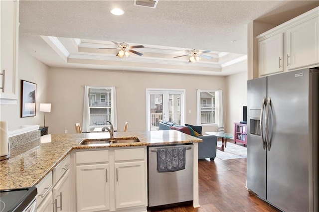 kitchen featuring sink, stainless steel appliances, a tray ceiling, and white cabinetry