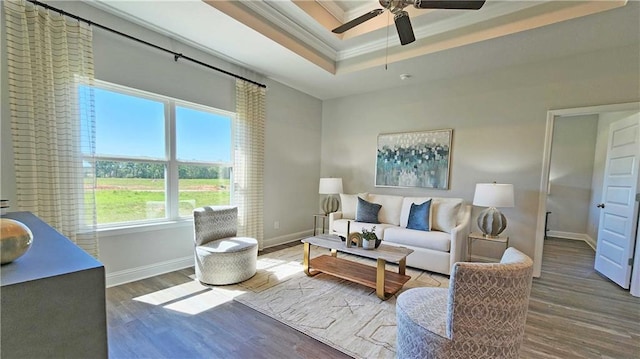 living room featuring a raised ceiling, crown molding, hardwood / wood-style floors, and ceiling fan