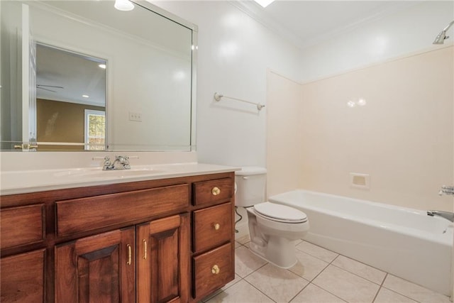 full bathroom featuring toilet, shower / bathtub combination, vanity with extensive cabinet space, ornamental molding, and tile flooring