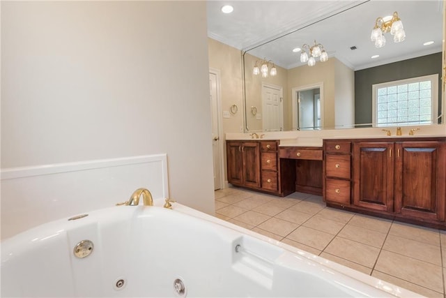 bathroom featuring an inviting chandelier, crown molding, tile flooring, and dual vanity