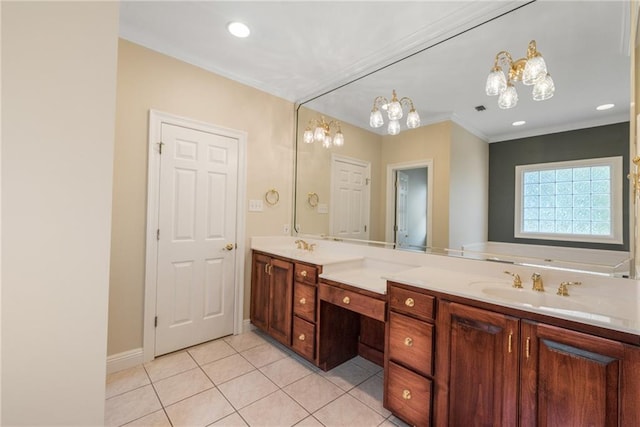 bathroom featuring ornamental molding, tile flooring, a chandelier, and dual bowl vanity