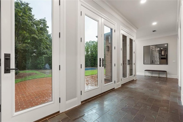 4008 Mcgregor Oaks, Mobile, AL 36608 - doorway with stone tile floors, ornamental molding, french doors, and recessed lighting