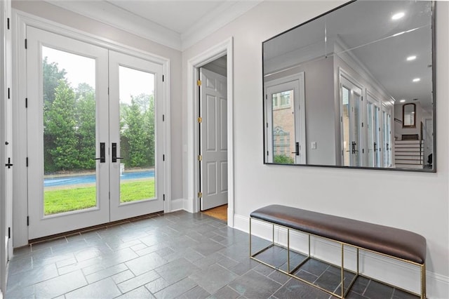 4008 Mcgregor Oaks, Mobile, AL 36608 - doorway to outside with crown molding, stone tile floors, french doors, healthy amount of natural light, and recessed lighting