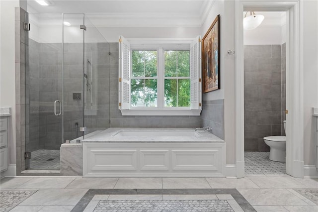 4008 Mcgregor Oaks, Mobile, AL 36608 - full bathroom featuring a bath, crown molding, a stall shower, and inlaid floor details