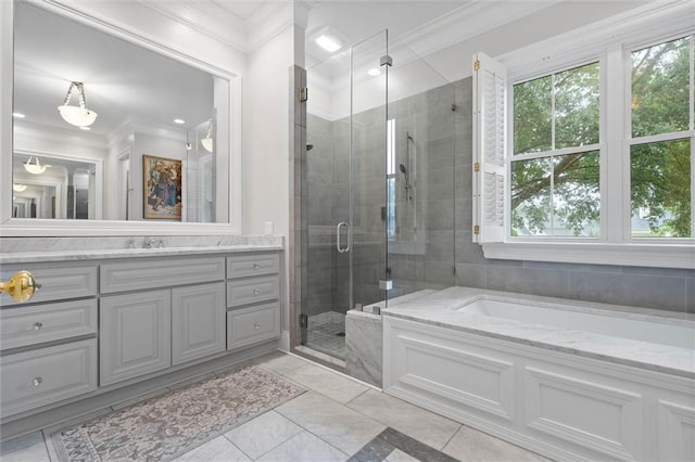 4008 Mcgregor Oaks, Mobile, AL 36608 - full bath featuring a garden tub, vanity, healthy amount of natural light, a shower stall, and crown molding