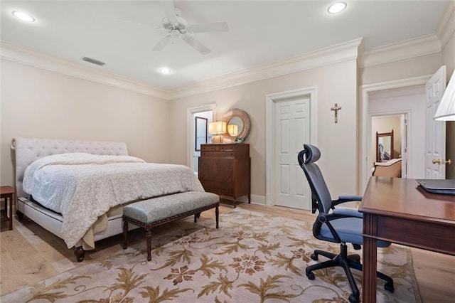 4008 Mcgregor Oaks, Mobile, AL 36608 - bedroom with light wood-style flooring, ornamental molding, a desk, recessed lighting, and a ceiling fan