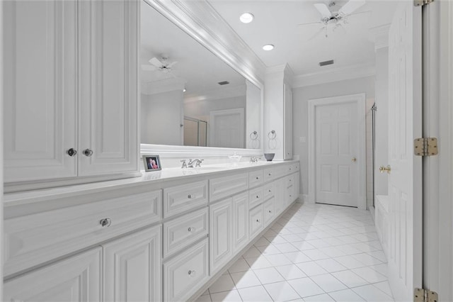 4008 Mcgregor Oaks, Mobile, AL 36608 - full bathroom with a ceiling fan, ornamental molding, a shower with door, double vanity, and tile patterned flooring