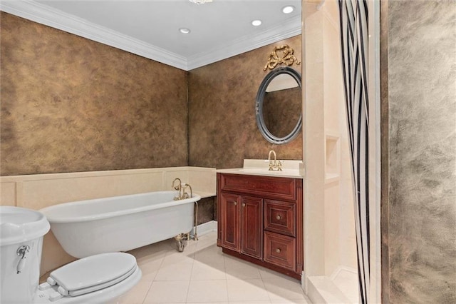 251 Georgia Ave S, Mobile, AL 36604 - bathroom featuring a stall shower, toilet, a freestanding tub, tile patterned flooring, and crown molding