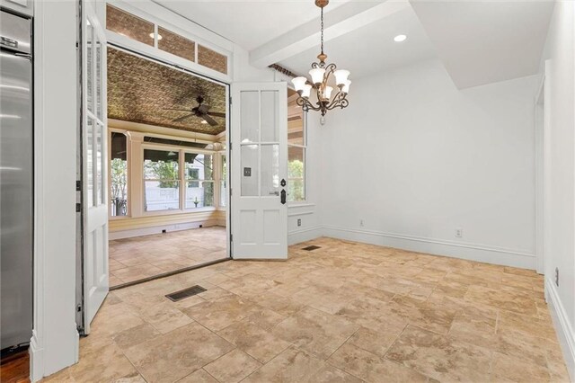 251 Georgia Ave S, Mobile, AL 36604 - unfurnished dining area with ceiling fan with notable chandelier, beamed ceiling, stone finish flooring, baseboards, and visible vents