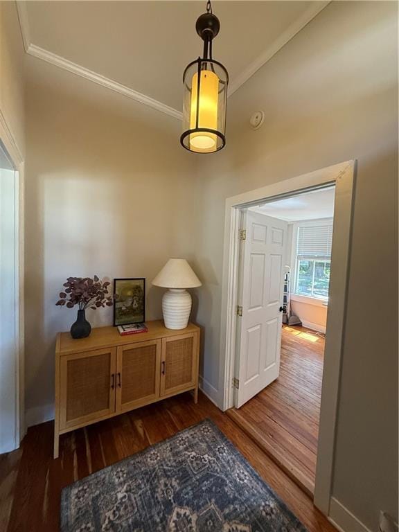 1367 Brown St, Mobile, AL 36604 - hallway with wood finished floors, lofted ceiling, and ornamental molding
