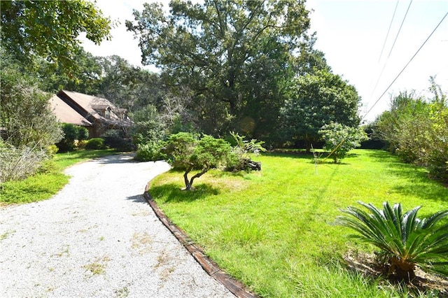 view of home's community with driveway and a lawn