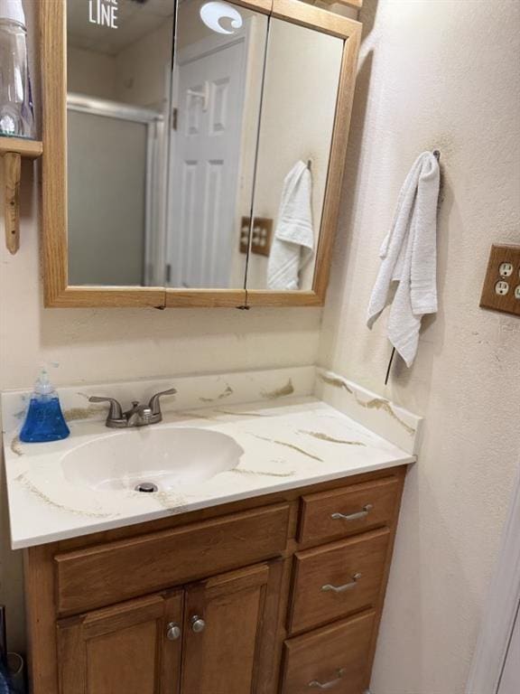 bathroom with vanity and a shower with shower door