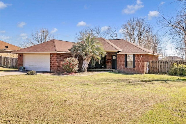 ranch-style house with brick siding, a front lawn, an attached garage, and fence