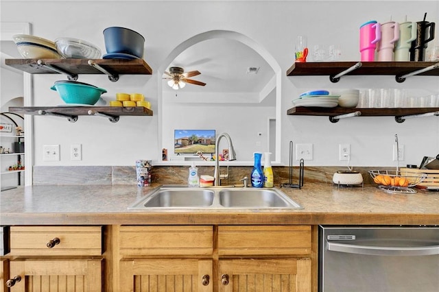 kitchen featuring visible vents, ceiling fan, stainless steel dishwasher, open shelves, and a sink