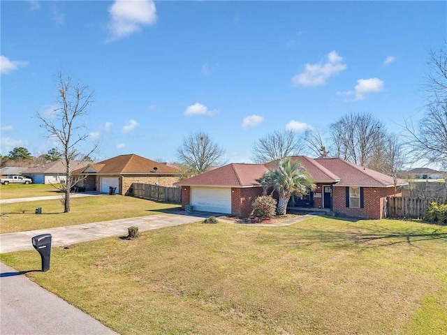 ranch-style home with driveway, an attached garage, fence, and a front lawn