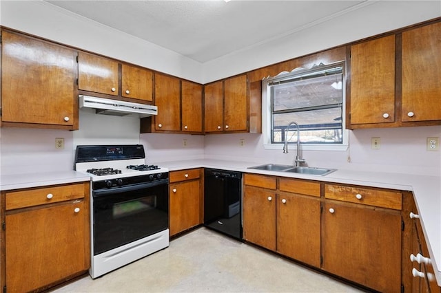 kitchen featuring under cabinet range hood, a sink, range with gas stovetop, light countertops, and dishwasher