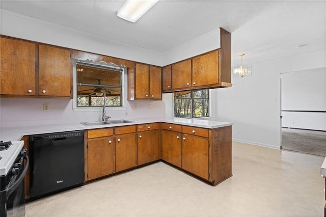 kitchen featuring a sink, light countertops, brown cabinetry, dishwasher, and gas range oven