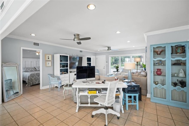 dining area with light tile patterned floors, recessed lighting, visible vents, and crown molding