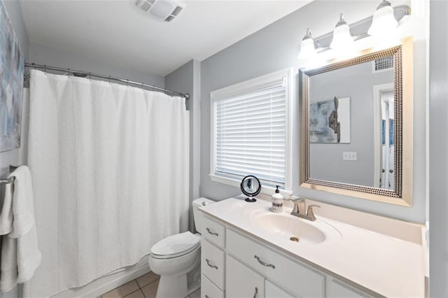 full bath featuring visible vents, toilet, a shower with curtain, tile patterned flooring, and vanity