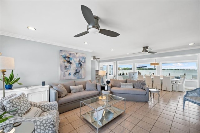 living room with recessed lighting, tile patterned floors, a ceiling fan, and crown molding