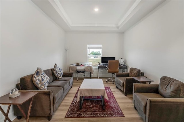 living room featuring light hardwood / wood-style floors and a tray ceiling