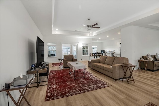 living room with a tray ceiling, ceiling fan, and light hardwood / wood-style floors