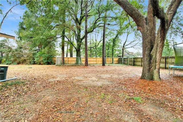 view of yard with a trampoline and a fenced backyard