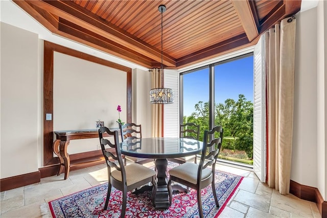 18269 Colony Dr Unit 405, Fairhope, AL 36532 - dining space with wooden ceiling, baseboards, stone tile floors, a chandelier, and a raised ceiling