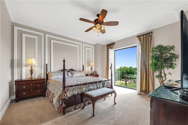 18269 Colony Dr Unit 405, Fairhope, AL 36532 - bedroom with light carpet, access to exterior, baseboards, a ceiling fan, and crown molding