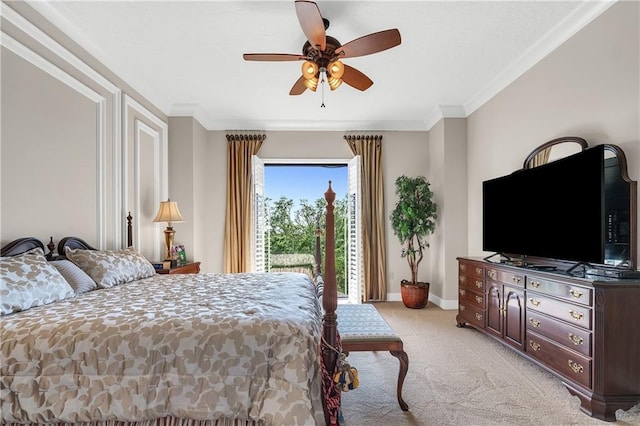 18269 Colony Dr Unit 405, Fairhope, AL 36532 - bedroom with light colored carpet, baseboards, ornamental molding, ceiling fan, and access to outside