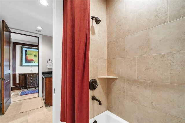 18269 Colony Dr Unit 405, Fairhope, AL 36532 - bathroom featuring shower / bath combo with shower curtain, recessed lighting, and tile patterned floors