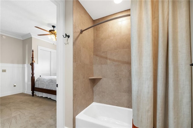 18269 Colony Dr Unit 405, Fairhope, AL 36532 - ensuite bathroom featuring shower / bath combination with curtain, ceiling fan, crown molding, and a wainscoted wall