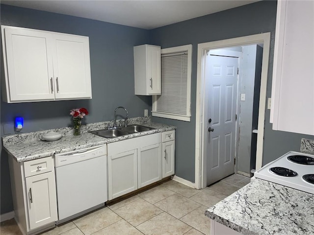 kitchen with a sink, light tile patterned flooring, baseboards, white cabinetry, and dishwasher