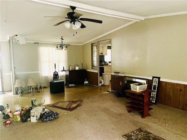 living room featuring ceiling fan with notable chandelier, hardwood / wood-style floors, lofted ceiling with beams, and crown molding