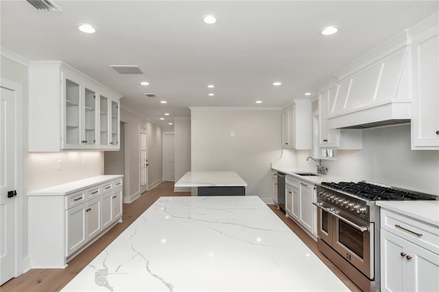 kitchen featuring glass insert cabinets, stainless steel appliances, a sink, and recessed lighting