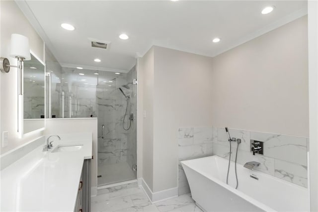 full bath with recessed lighting, marble finish floor, vanity, and a marble finish shower