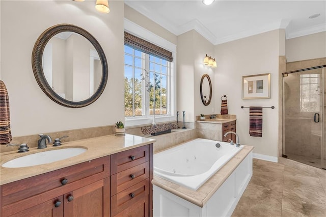 bathroom with ornamental molding, a sink, a shower stall, and a tub with jets