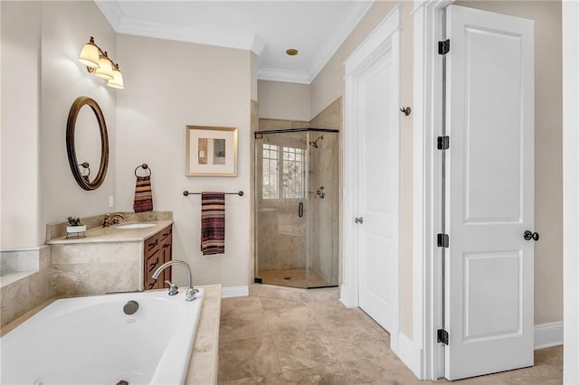 full bathroom with ornamental molding, a stall shower, vanity, and a bath