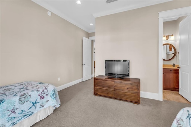 bedroom with carpet floors, ornamental molding, recessed lighting, and baseboards