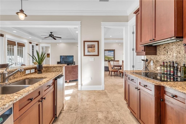 kitchen with dishwashing machine, a sink, black electric stovetop, under cabinet range hood, and backsplash