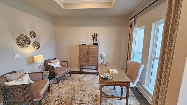 office featuring ornamental molding and wood finished floors