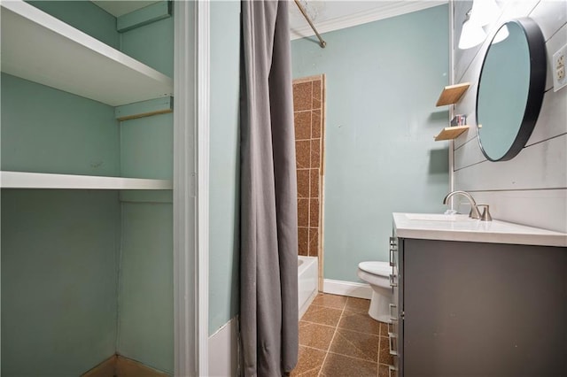 full bathroom featuring vanity, toilet, tile patterned floors, and shower / bath combo with shower curtain