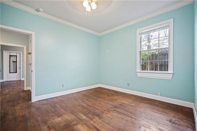 unfurnished room featuring dark hardwood / wood-style flooring, crown molding, and ceiling fan