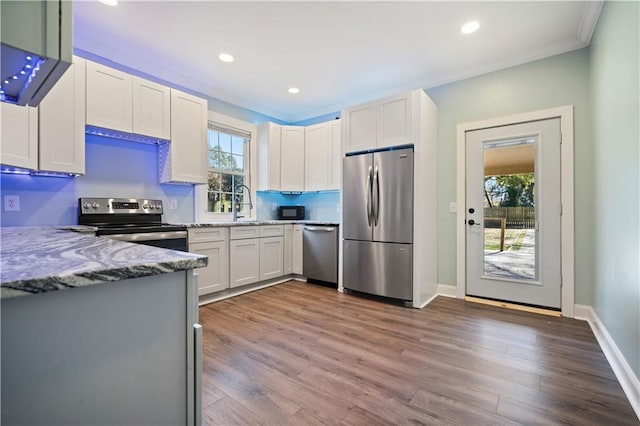 kitchen featuring stone counters, hardwood / wood-style floors, sink, white cabinets, and stainless steel appliances